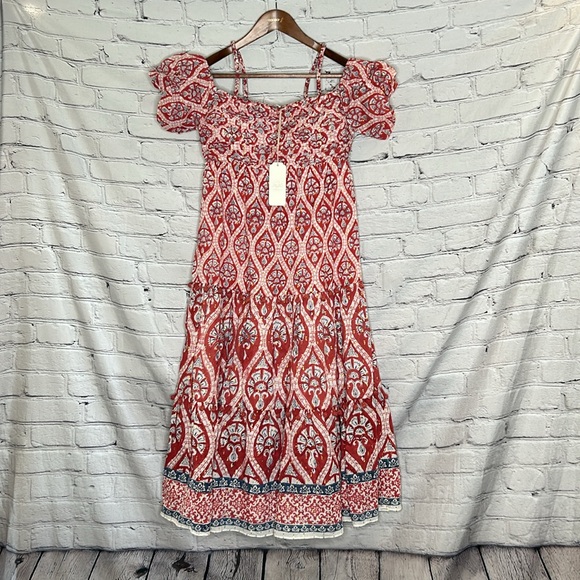 Ash & Eden Red Fenya Pom Pom Tiered Midi Cotton Dress Cotton Size Small - Picture 5 of 16